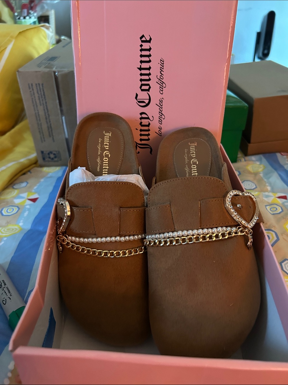 Juicy Couture Brown Slip-On Mules with Gold Chain & Heart Accent